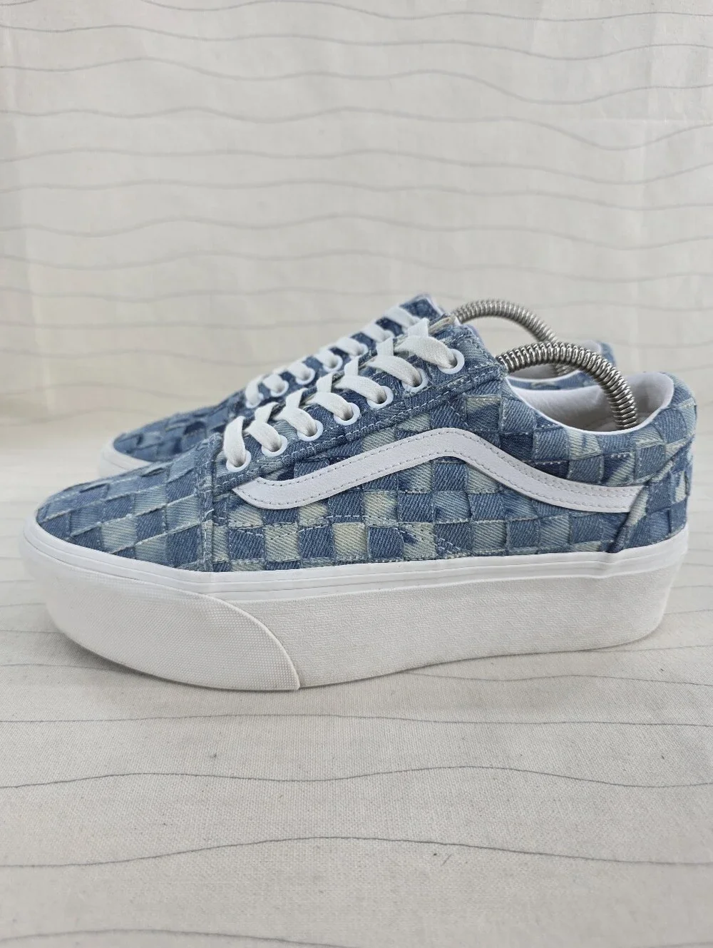 Vans Womens Old Skool Stackform Platform Blue Woven Denim Sneakers Shoes Sz 8.5